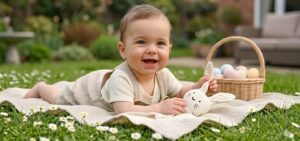 Ein lächelndes Baby in beigefarbenem Strampler liegt auf dem Bauch auf einer beigen Decke im Gras. Es hält ein weißes Stoffhasenspielzeug. Rechts steht ein Weidenkorb voller bunter Ostereier im Hintergrund.