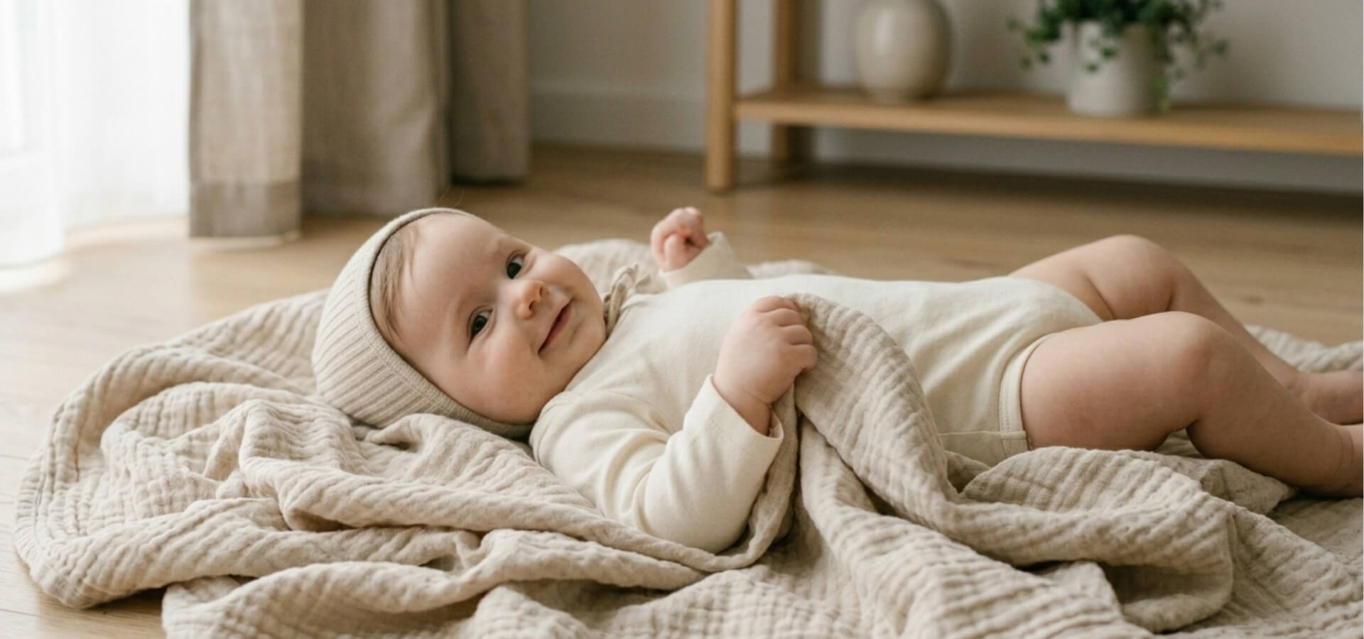 Ein lächelndes Baby in einem beigen Strampler und einer passenden Mütze liegt auf einer weichen, faltigen beigen Decke auf einem Holzfußboden. Der Hintergrund ist leicht unscharf und zeigt ein Regal und eine Pflanze.