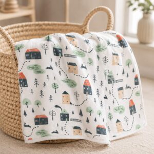 Leichte Babydecke aus Bio-Baumwolle – Dorfmuster, 70 × 80 cm