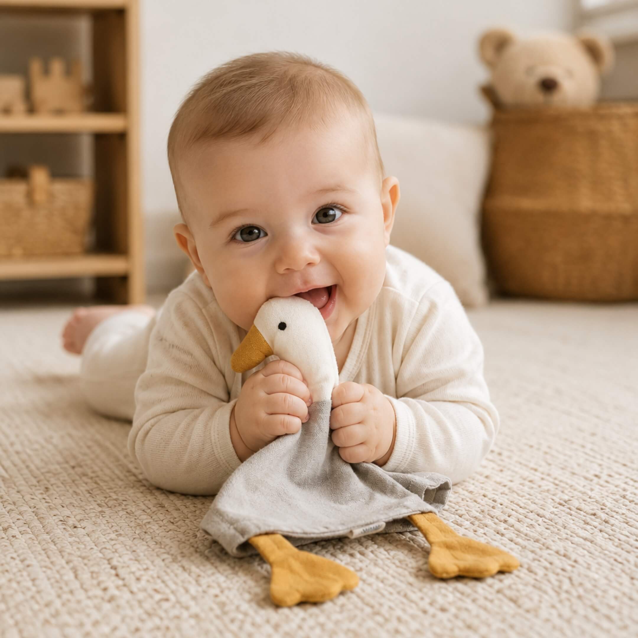 baby liegt am bauch und spielt mit einem schnuffeltuch
