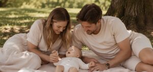 Photorealistic lifestyle image of a warm summer day with a baby and parents in a park. A soft neutral picnic blanket is placed in the shade of a tree. A baby is lying comfortably on the blanket while exploring the surroundings. Nearby are a folded muslin blanket, a muslin cloth and a simple wooden toy naturally integrated into the scene. Warm natural daylight, soft green summer background, Scandinavian baby brand aesthetic, beige, ivory and natural wood tones, authentic family atmosphere, clean and uncluttered composition, premium baby webshop photography, realistic textile textures, shallow depth of field, 50mm lens look, calm and joyful summer mood.
