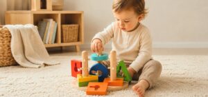 Kleinkind spielt sitzend im Kinderzimmer mit Stapelspielzeug