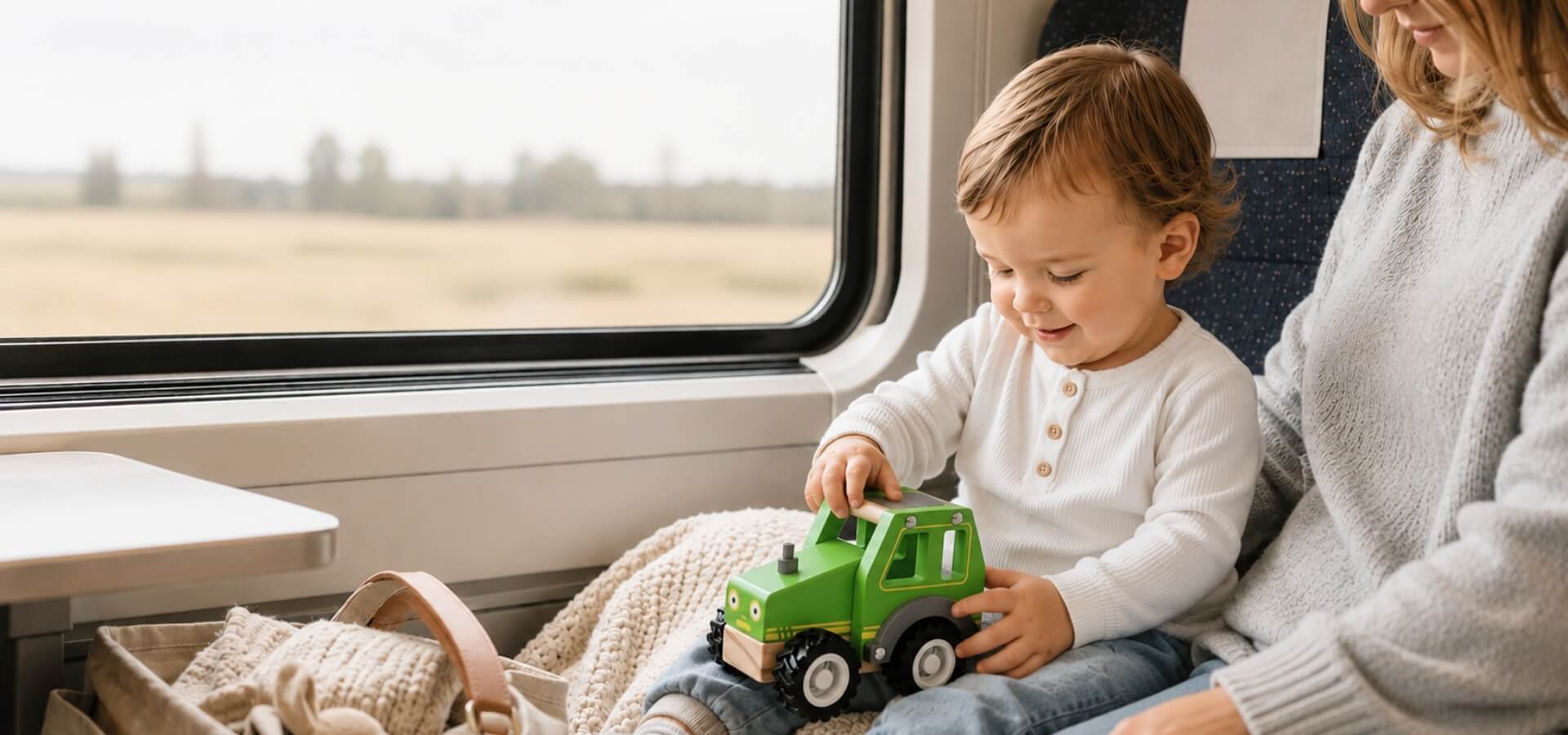 Bub im Zug mit Mutter, Bub spielt mit Holztraktor