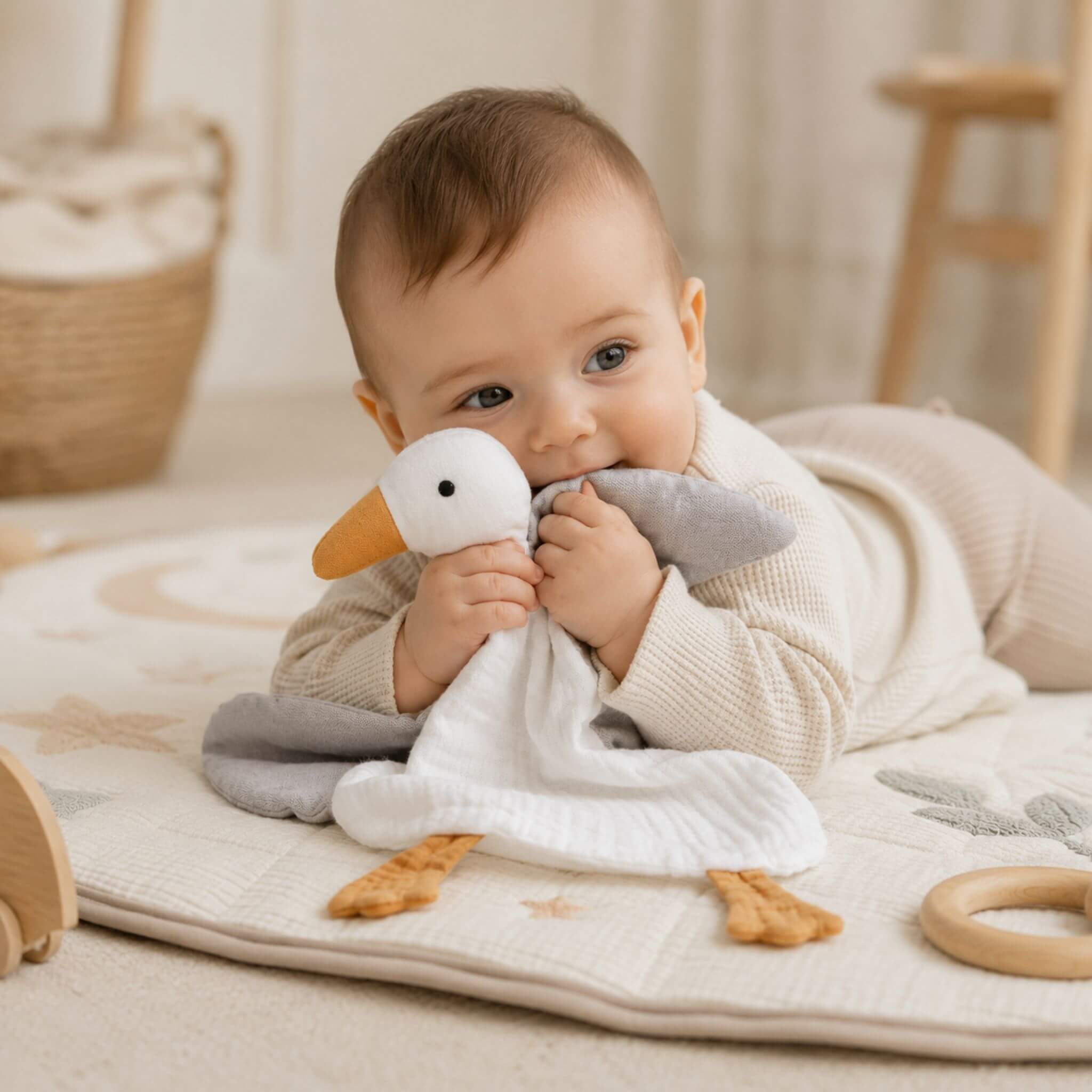 Schnuffeltuch für Babys – Bio-Musselin Ente in Weißgrau